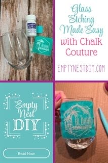 Looking for some ideas of projects to do with your chalk couture transfers beyond chalk paste and ink? How about glass etching? Get a detailed project list and step by step instructions to make beautiful etched glass home decor. via @emptynestdiy